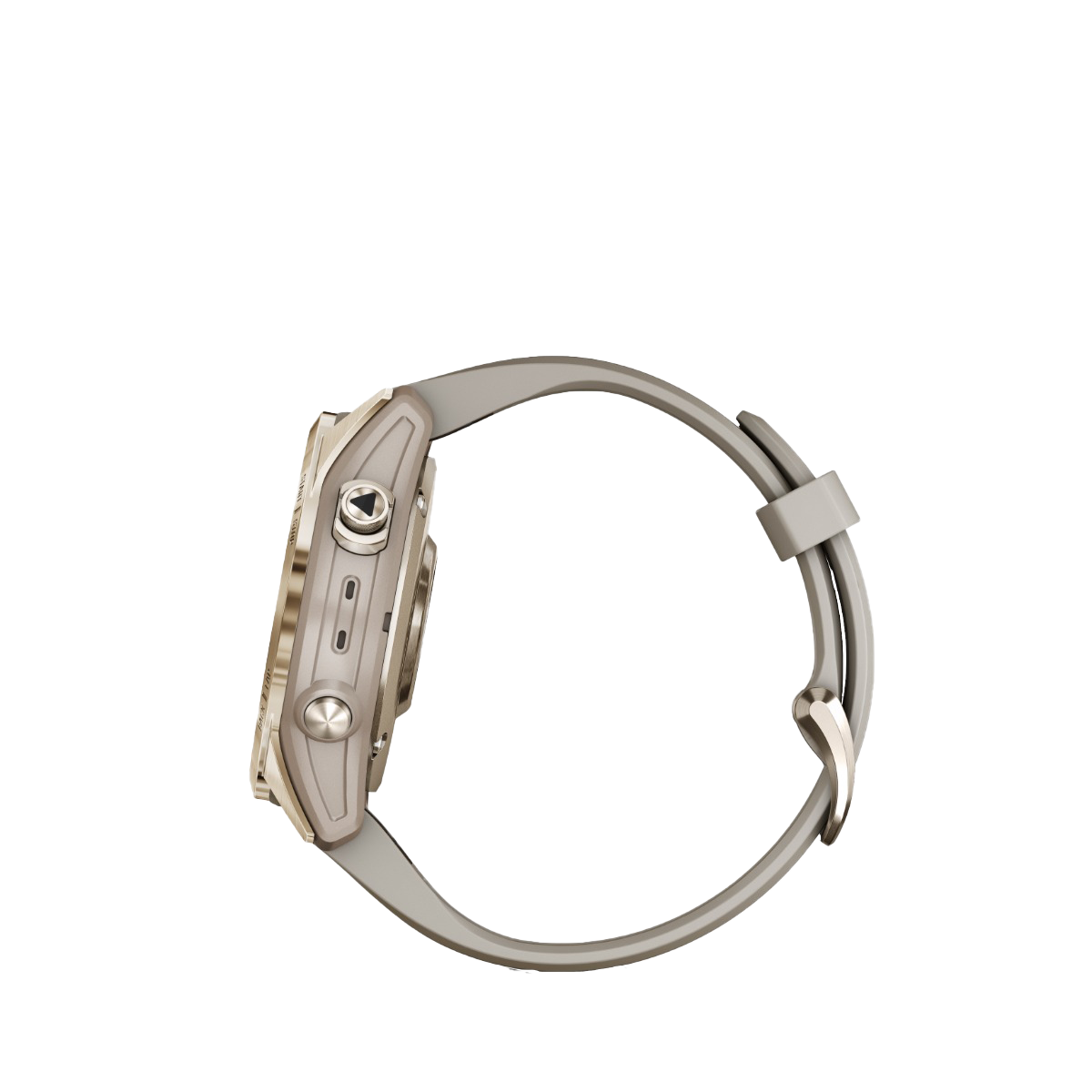 Garmin fenix 7S Sapphire Solar smartwatch with cream gold titanium case and light sand band.