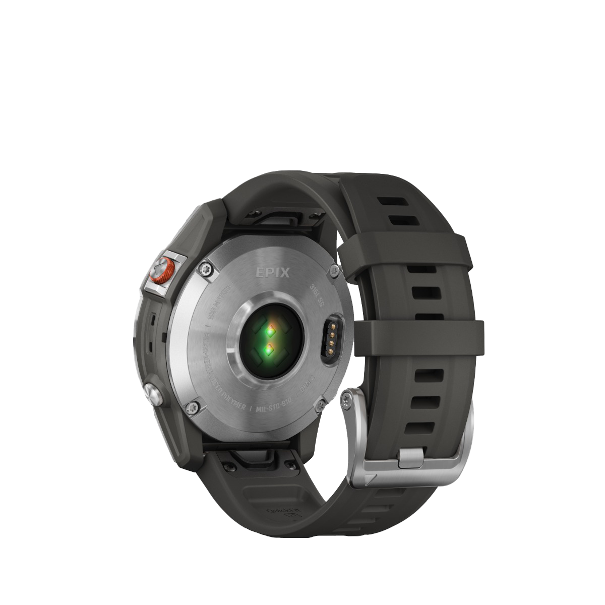 Garmin Epix Gen 2 smartwatch in slate steel with gray silicone strap, rear heart-rate sensor visible