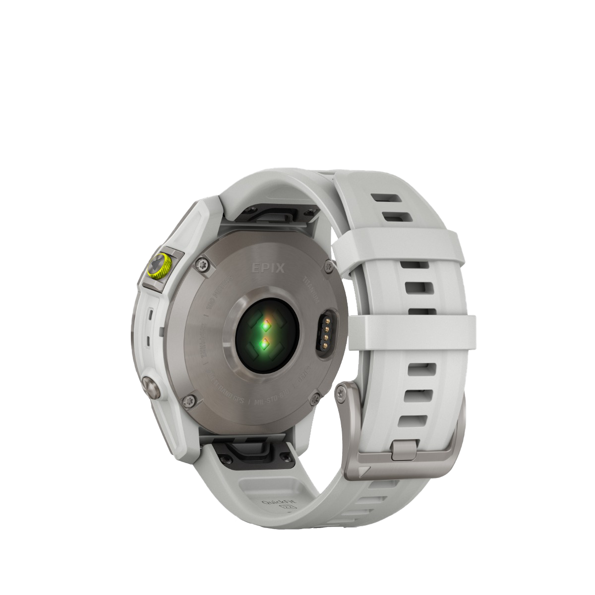 Garmin Epix Gen 2 smartwatch, white titanium with white band, rear view showing sensor hub