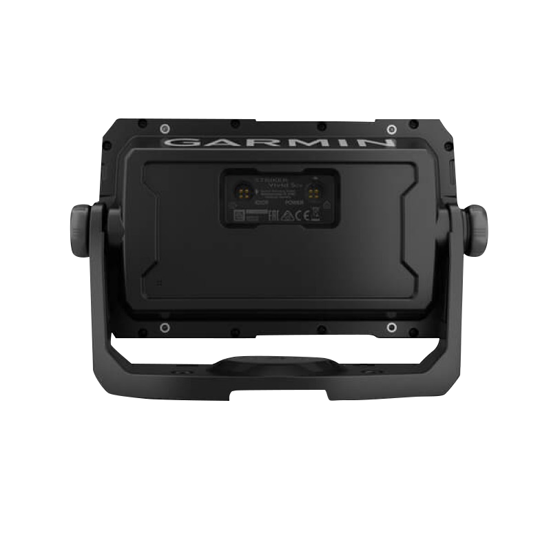 Garmin STRIKER Vivid 5cv with GT20-TM transducer; back view of black marine chartplotter.