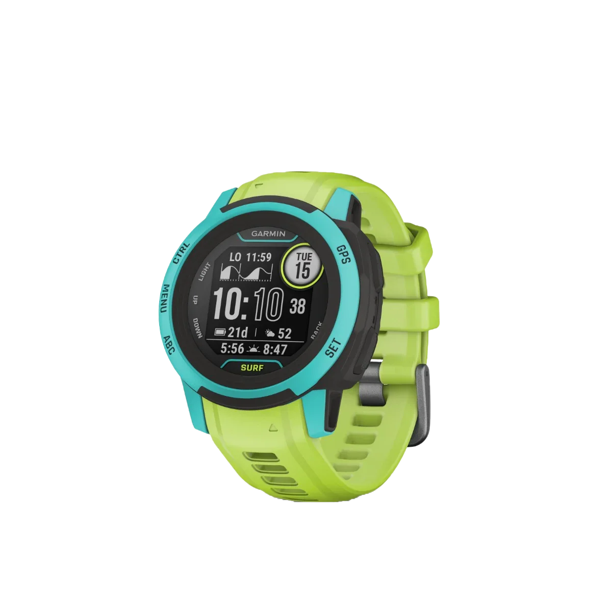 Garmin Instinct 2S Surf Edition smartwatch in Waikiki lime with teal bezel