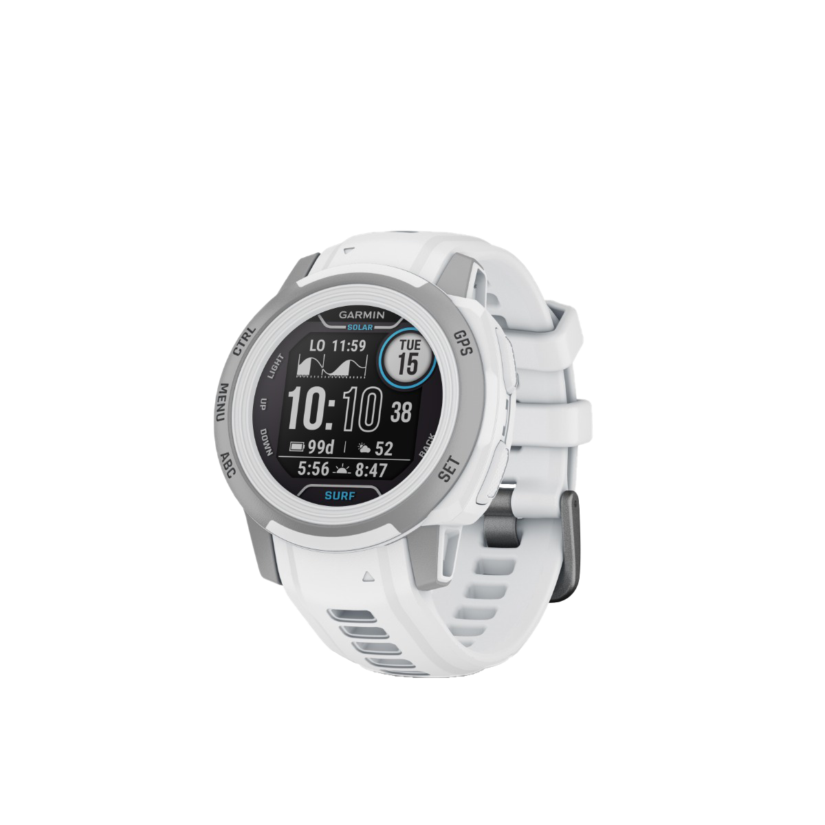 Garmin Instinct 2S Solar Surf Edition smartwatch with white band and gray bezel