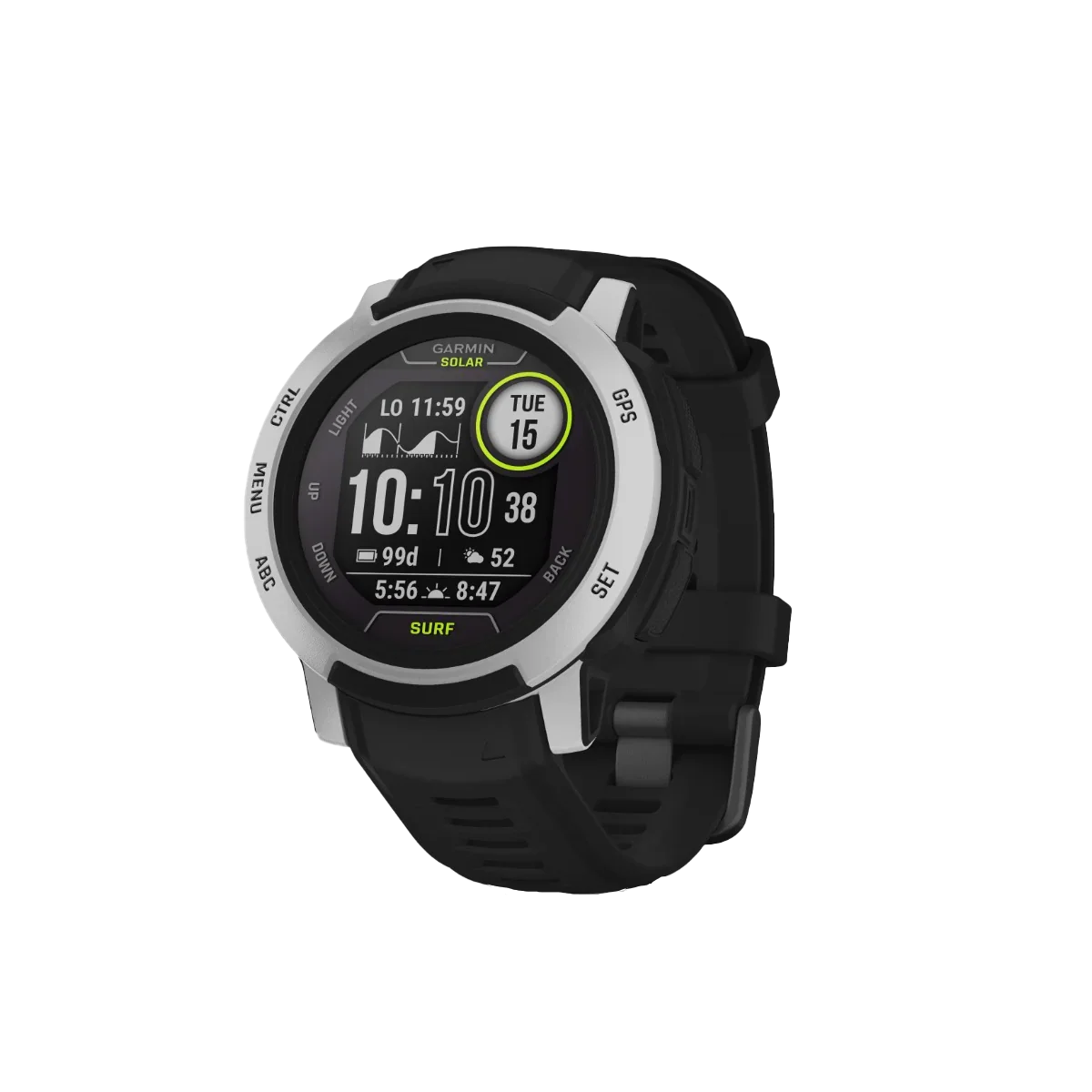 Garmin Instinct 2 Solar Surf Edition Bells Beach smartwatch with black band and silver bezel