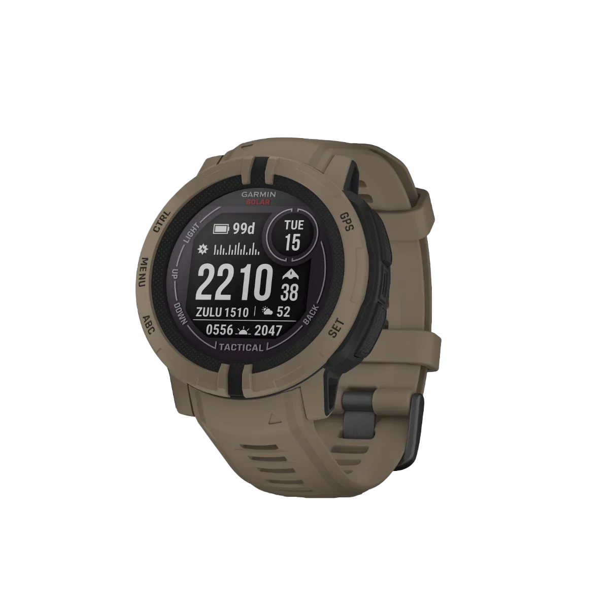 Garmin Instinct 2 Solar Tactical Edition smartwatch in coyote tan with rugged bezel