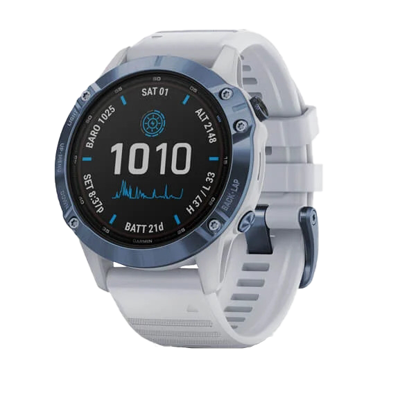 Garmin Fenix 6 Pro Solar smartwatch with mineral blue bezel and white Whitestone band (certified refurbished)