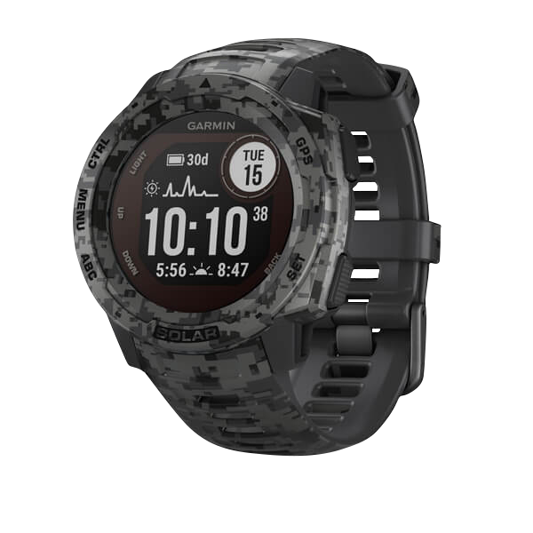 Garmin Instinct Solar smartwatch, graphite camo rugged design, certified refurbished