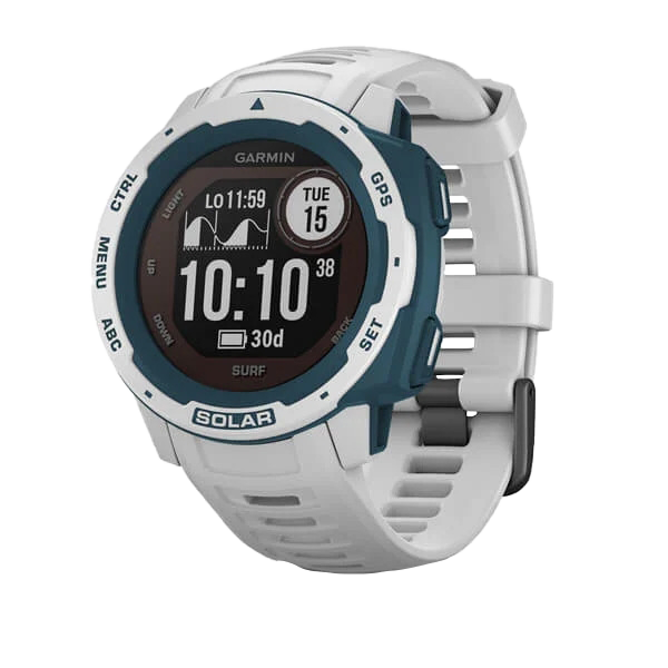 Garmin Instinct Solar Cloudbreak rugged GPS smartwatch with white band and blue bezel