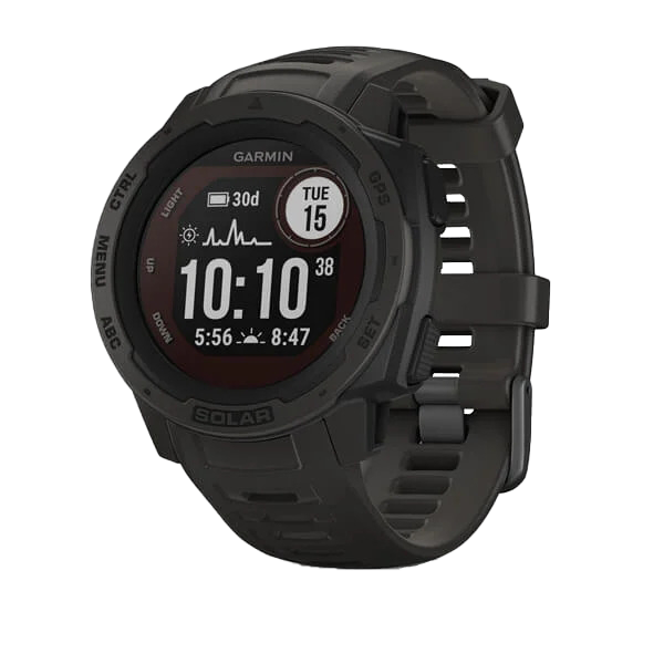 Garmin Instinct Solar Graphite smartwatch with rugged black strap and solar-powered display