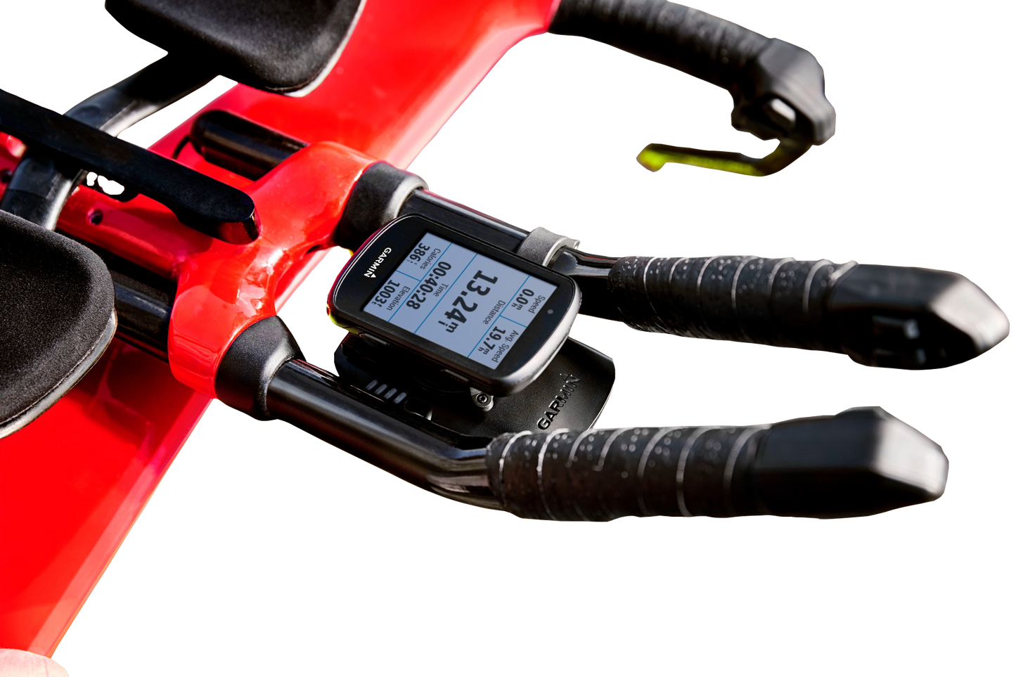Garmin Charge Power Pack mounted on red bicycle handlebars with Garmin GPS device