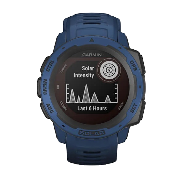 Garmin Instinct Solar Tidal Blue smartwatch, rugged GPS fitness watch with solar charging.
