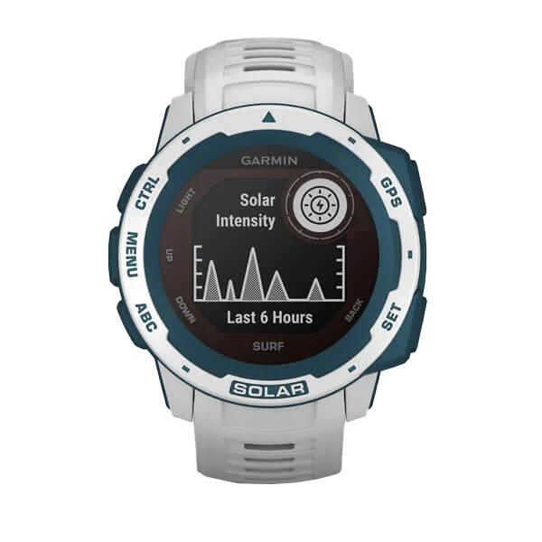 Garmin Instinct Solar smartwatch in Cloudbreak, white band with blue bezel, rugged GPS