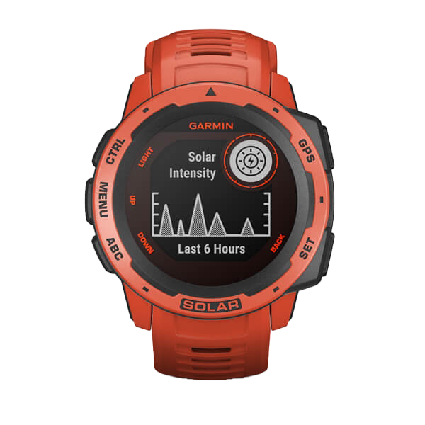 Garmin Instinct Solar smartwatch, Flame Red Graphite with orange strap and black bezel.
