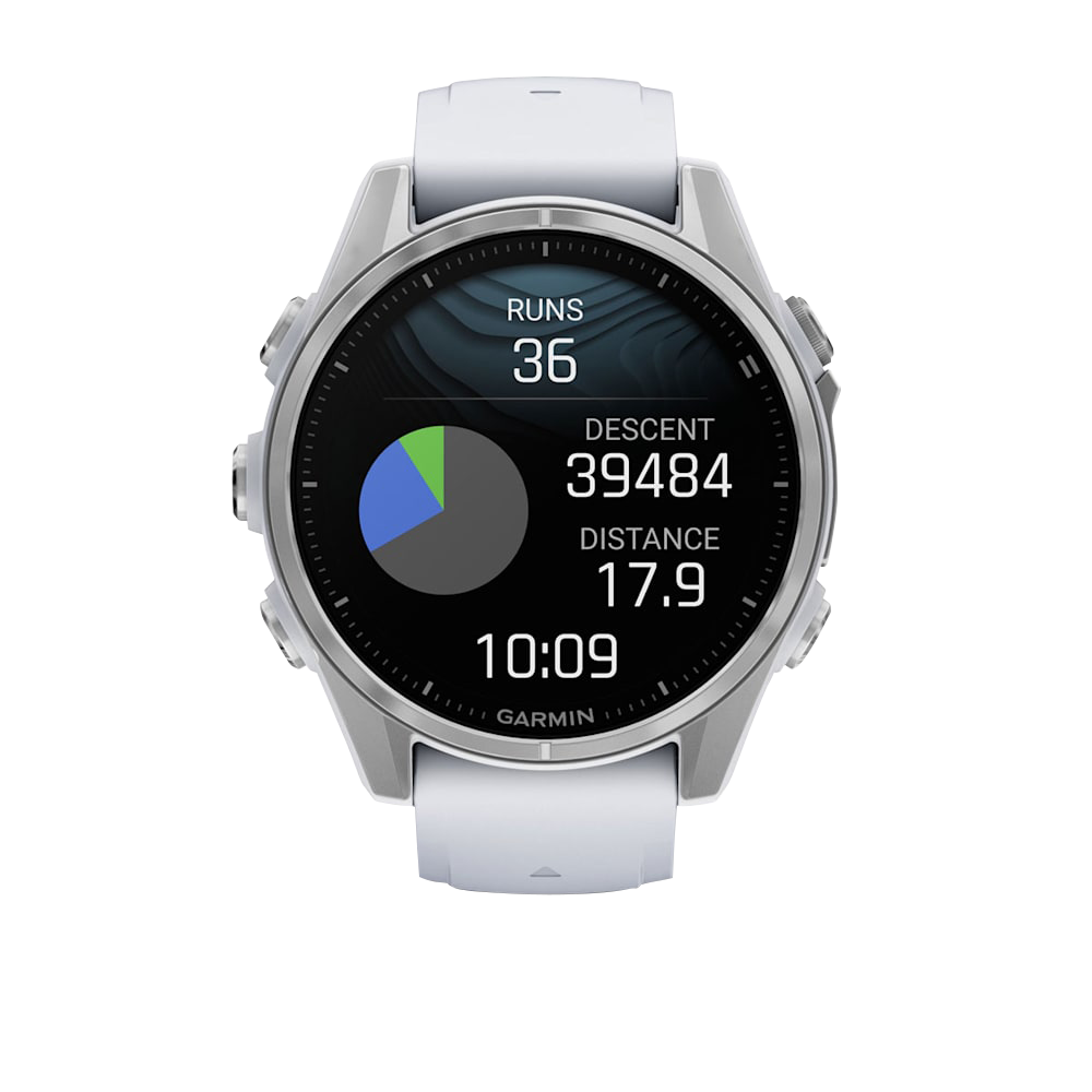 Garmin Fenix 8 AMOLED 43mm smartwatch with silver case and white Whitestone silicone band