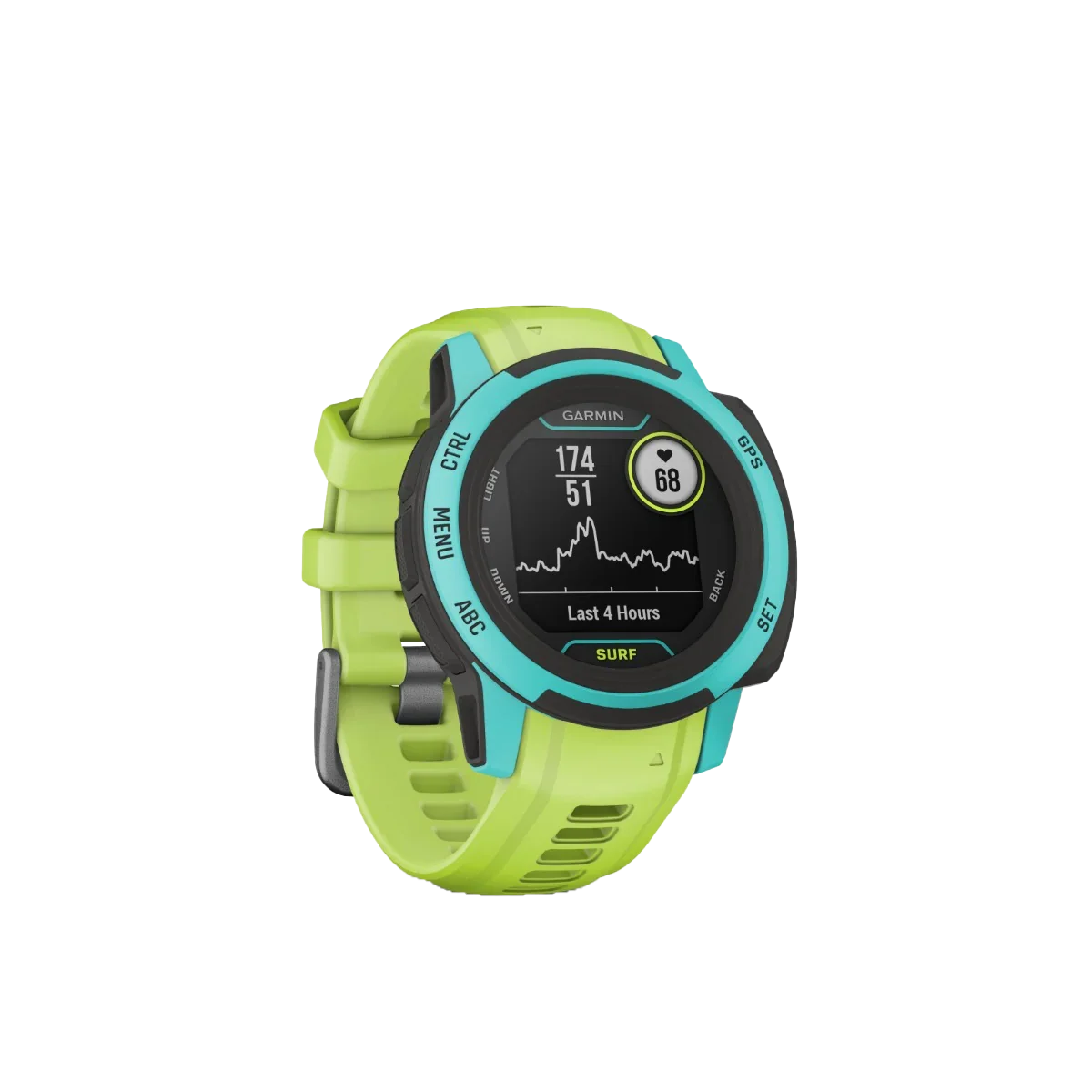Garmin Instinct 2S Surf Edition smart watch with lime green strap and turquoise bezel