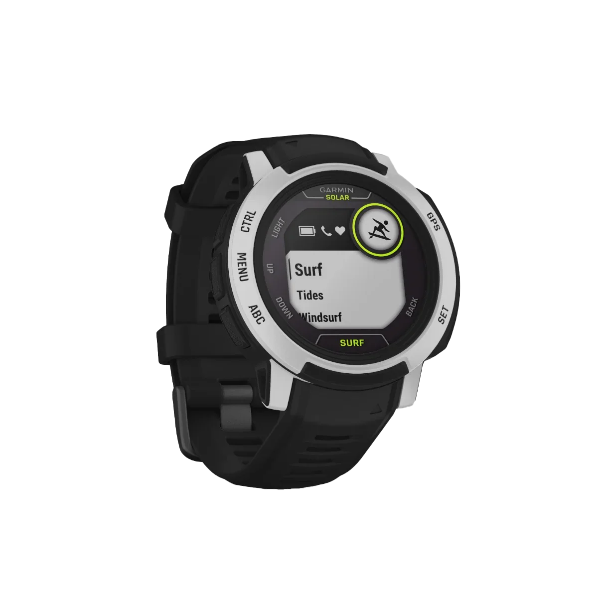 Garmin Instinct 2 Solar Surf Edition smartwatch, black silicone strap, silver bezel