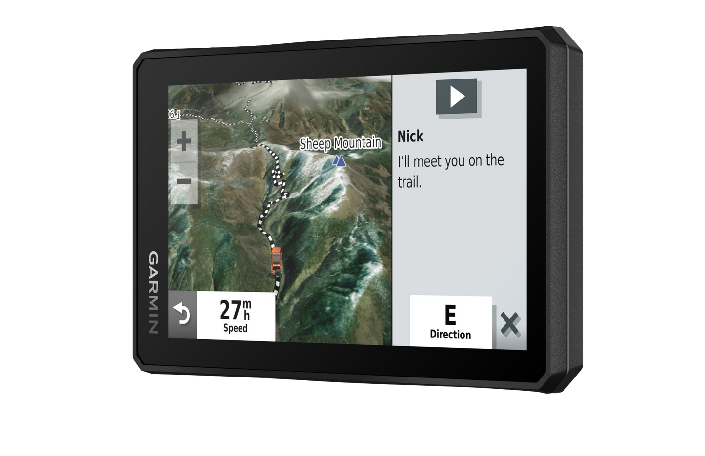 Garmin Tread Powersport GPS in black with rugged frame, map navigation display and vehicle icon on rugged touchscreen