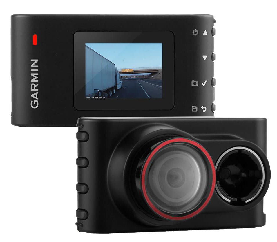 Garmin Dash Cam 30 two-device kit; black dash cam with LCD display and front camera with red ring
