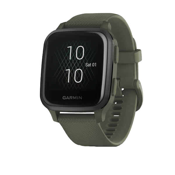 Garmin Venu Sq Music GPS smartwatch with moss green band and slate bezel.