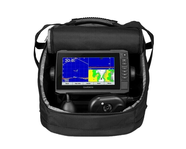 Garmin Panoptix PS22 Ice Fishing Bundle with ECHOMAP UHD 73cv display in a black carrying case