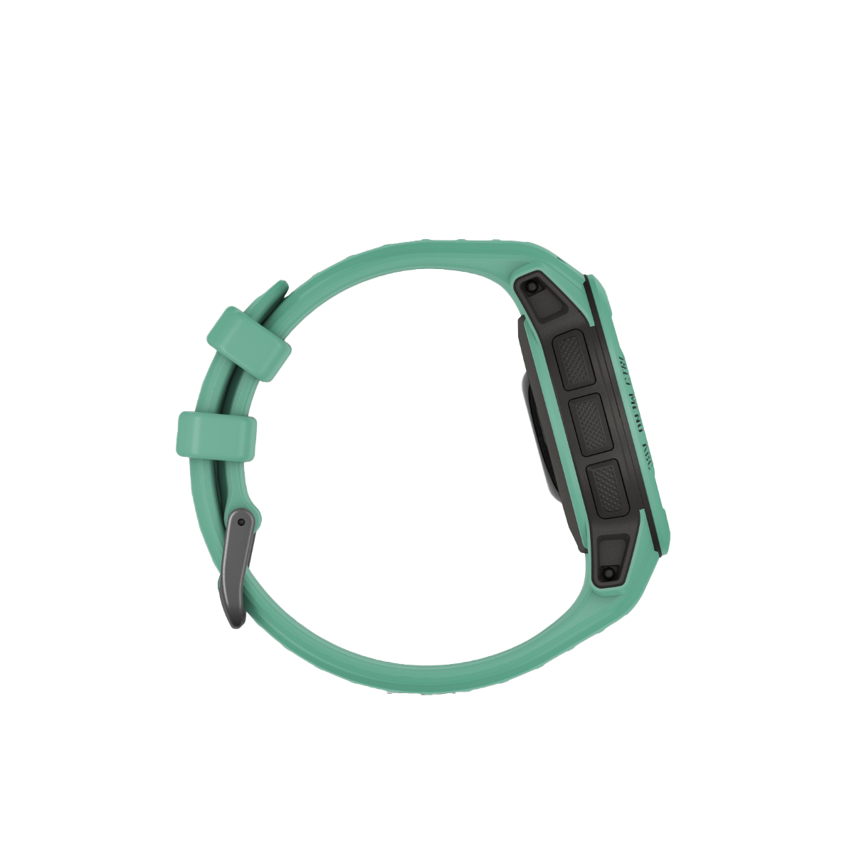 Garmin Instinct 2S Solar smartwatch, Neo Tropic green silicone strap, side view.