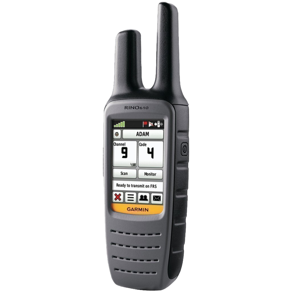 Garmin Rino 610 two-way radio GPS navigator; gray handheld with dual antennas