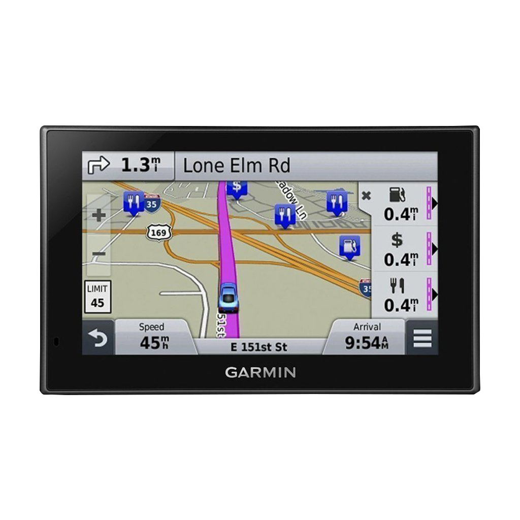 Garmin Nuvi 2589LMT automotive GPS navigator on a black frame with map display