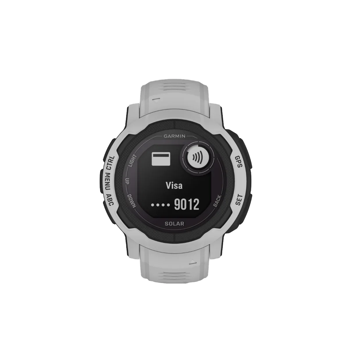 Garmin Instinct 2 Solar smartwatch, Mist Gray with light-gray band.