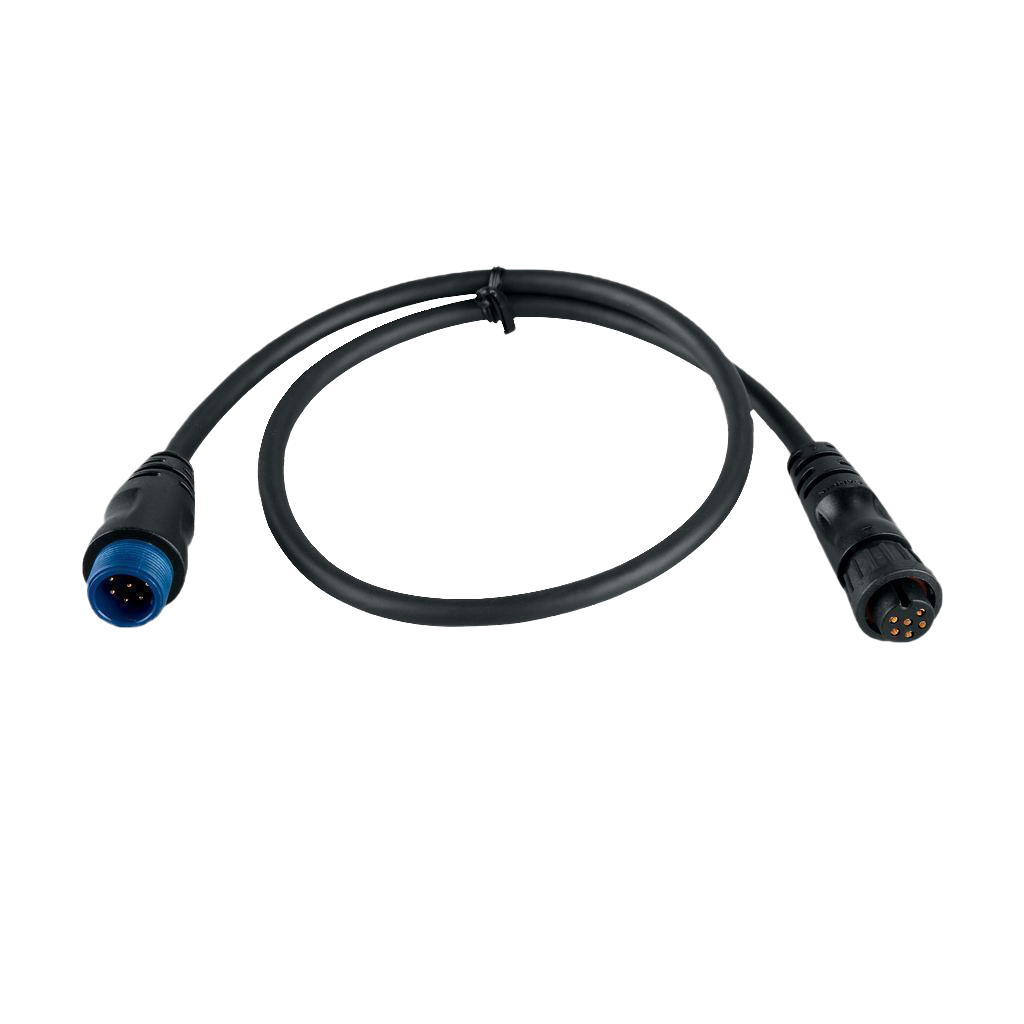 Garmin 6-pin female to 8-pin male adapter cable, blue 6-pin connector, black cable, 010-11612-00