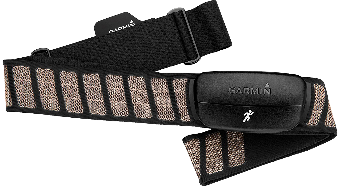 Garmin HRM-Run Monitor chest strap with beige mesh panels and black module