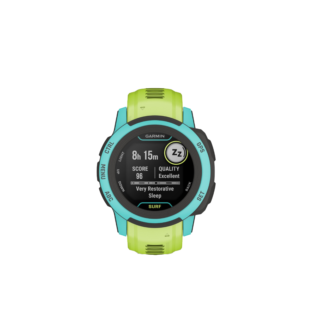 Garmin Instinct 2S Surf Edition Waikiki watch with lime green band and turquoise bezel