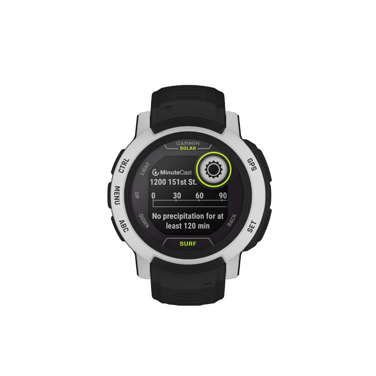 Garmin Instinct 2 Solar Surf Edition smart watch with black silicone band.