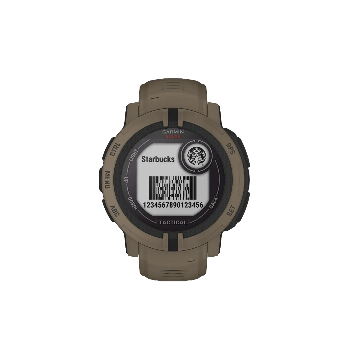 Garmin Instinct 2 Solar Tactical Edition watch in coyote tan; Garmin branding and Starbucks logo visible.