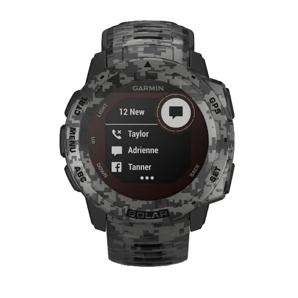 Garmin Instinct Solar Camo Edition smartwatch, graphite camo pattern