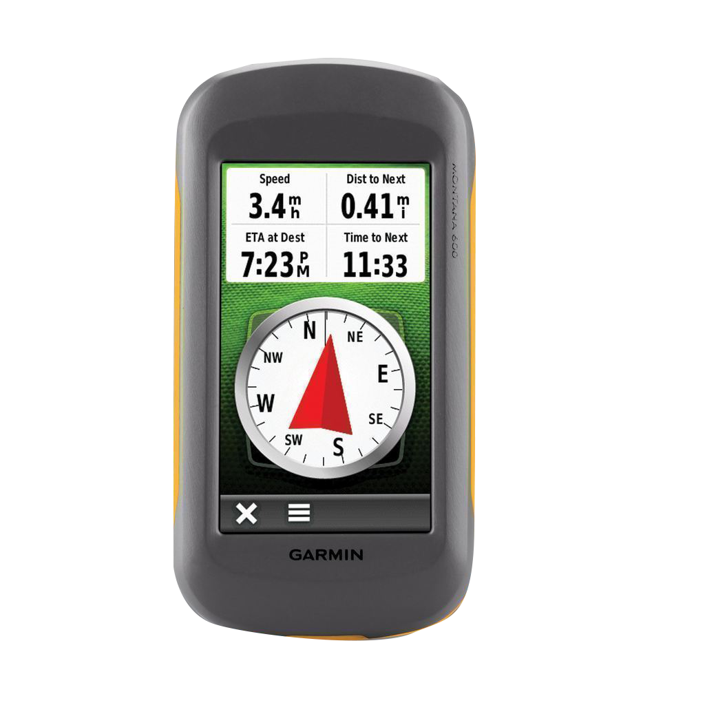 Garmin Montana 600 handheld GPS with touchscreen, gray/yellow body and compass display