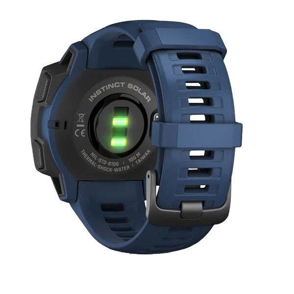 Garmin Instinct Solar Tidal Blue smartwatch with blue strap and green LED heart-rate sensor (rear view)