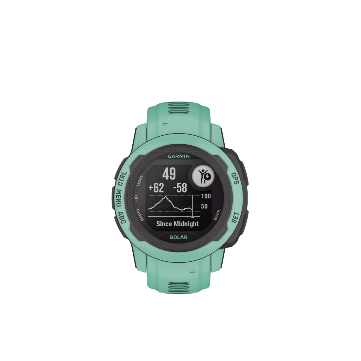 Garmin Instinct 2S Solar Neo Tropic smartwatch with teal band