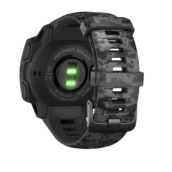Garmin Instinct Solar Camo Edition smartwatch with graphite camouflage band.