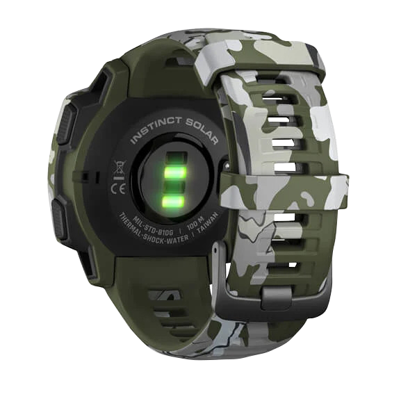 Garmin Instinct Solar Camouflage Edition smartwatch with lichen camo strap in green, tan, gray tones, rear view