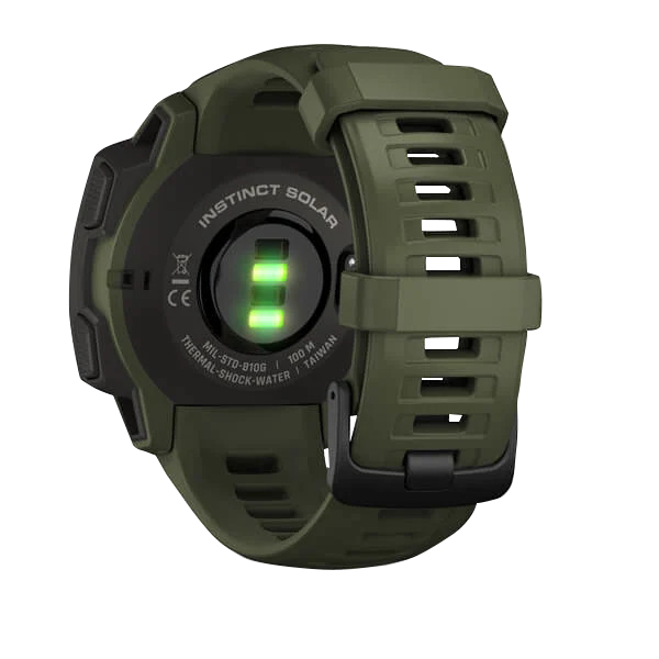 Garmin Instinct Solar Tactical Edition Moss smartwatch with olive-green strap; rear view reveals green sensors.