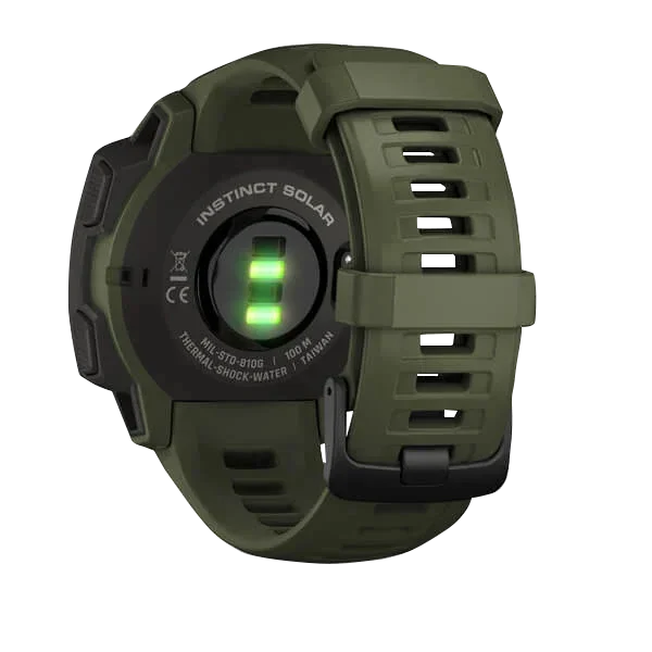 Garmin Instinct Solar Tactical Edition Moss smartwatch with olive-green strap; rear view reveals green sensors.
