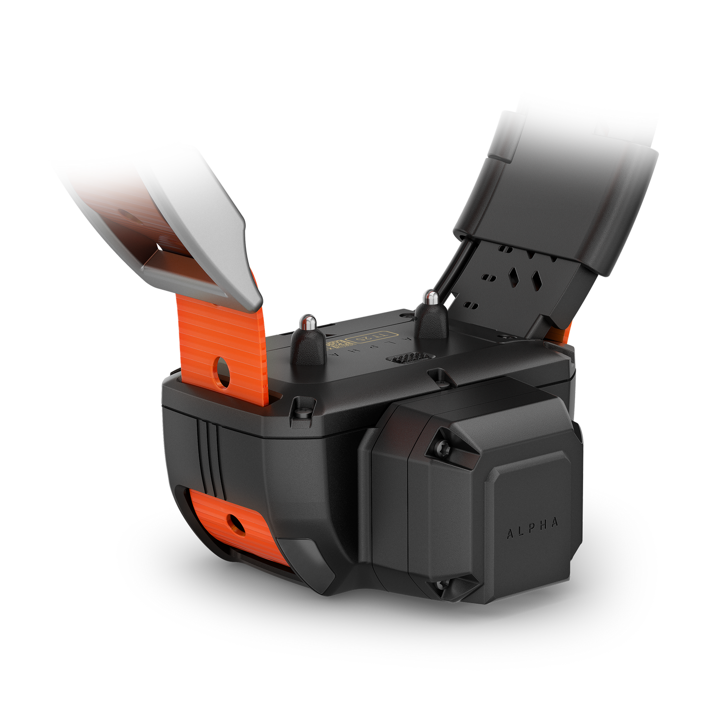 Garmin Alpha Beeper Battery Pack in black with orange strap for hunting dog equipment