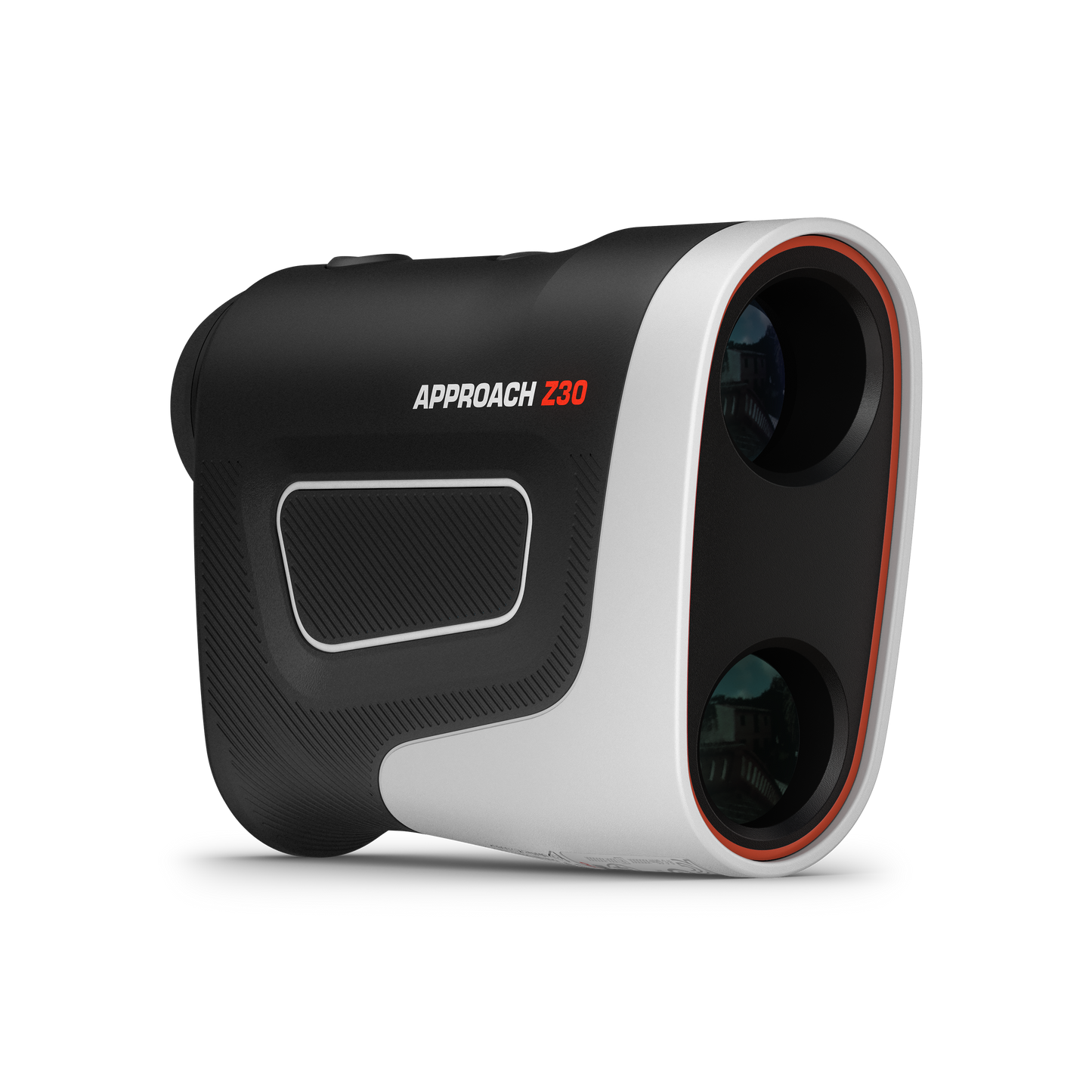 Garmin Approach Z30 golf rangefinder, refurbished; black body with white accents and orange ring