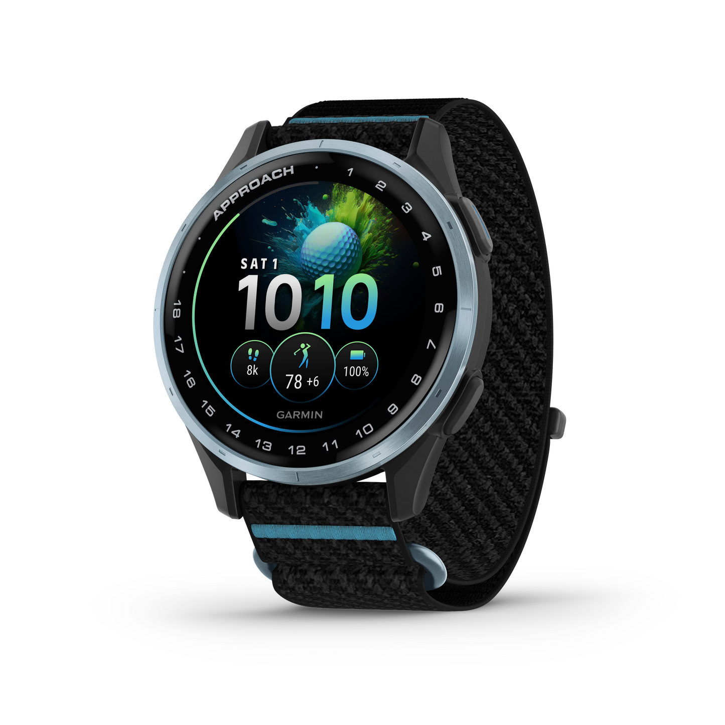 Garmin Approach J1 Golf GPS smartwatch with cloud blue aluminum bezel and black ComfortFit band