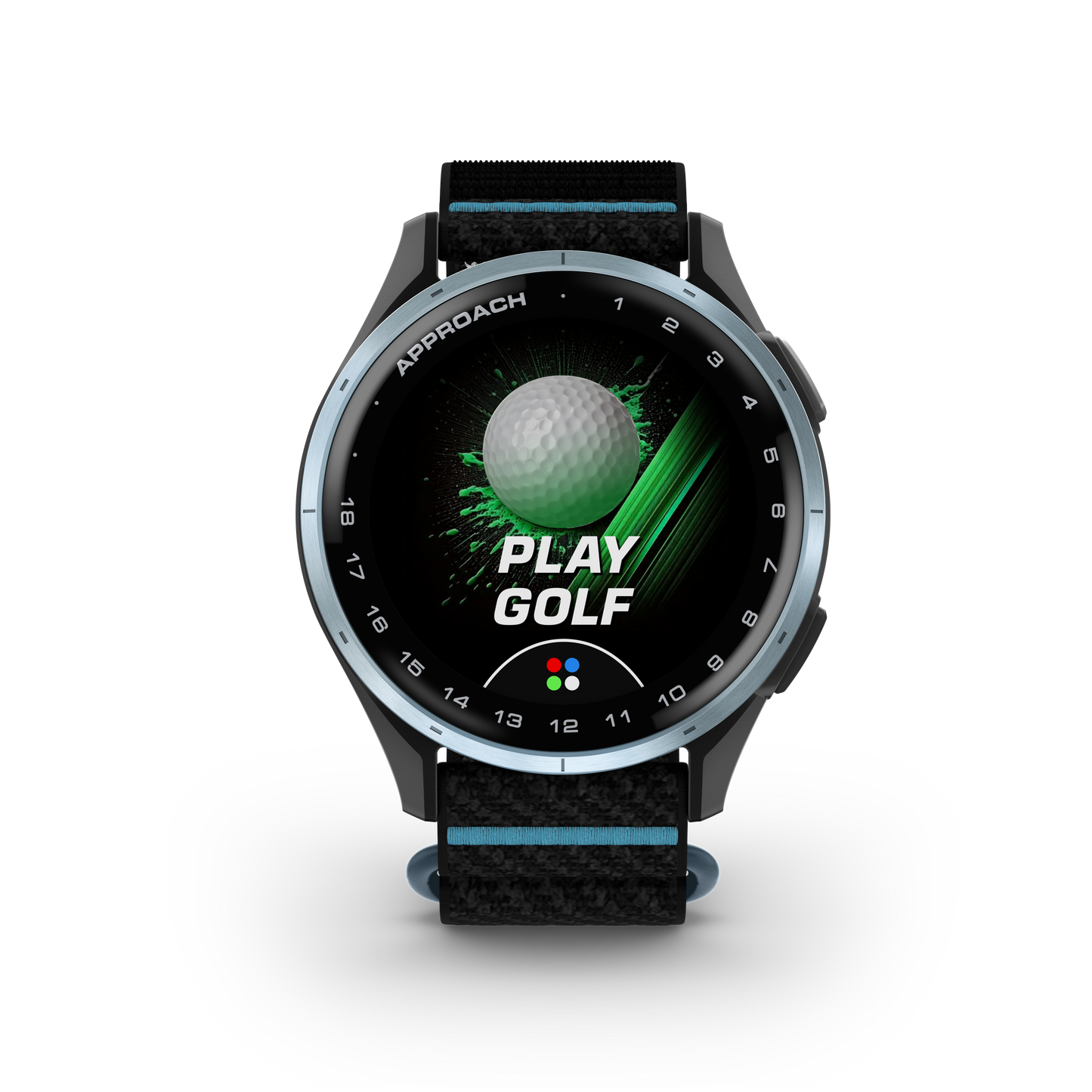 Garmin Approach J1 golf GPS smartwatch with cloud blue aluminum bezel and black ComfortFit strap