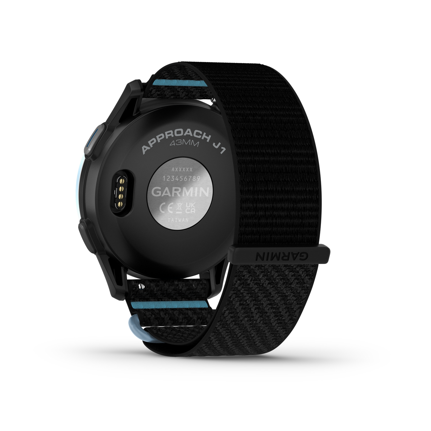 Garmin Approach J1 golf GPS smartwatch with cloud blue aluminum bezel and black ComfortFit band