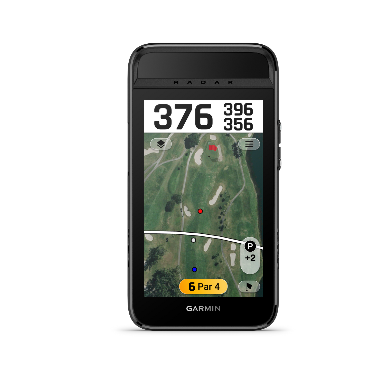 Garmin Approach G82 handheld GPS golf device in black with course map and yardage readout