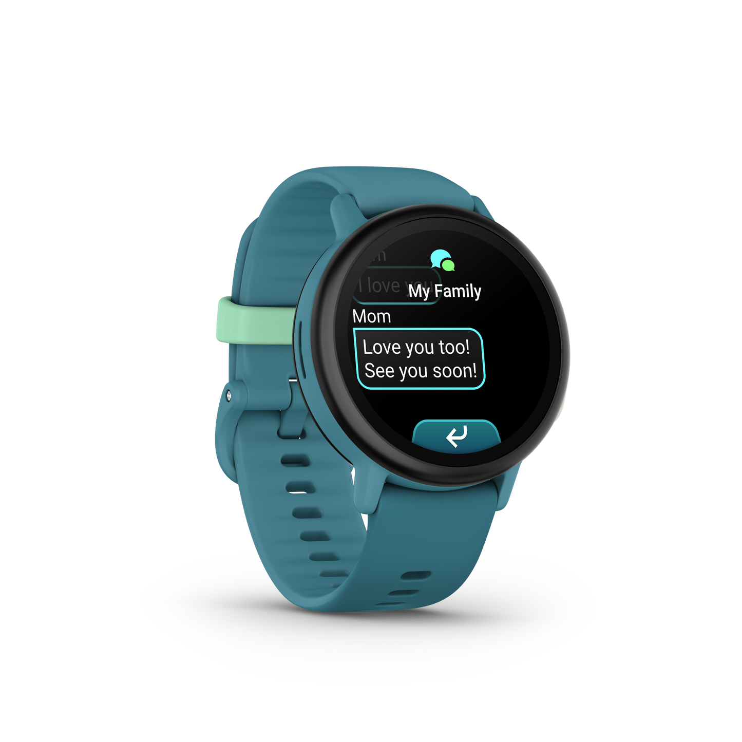 Garmin Bounce 2 Kids smartwatch, turquoise band, round black display showing messages