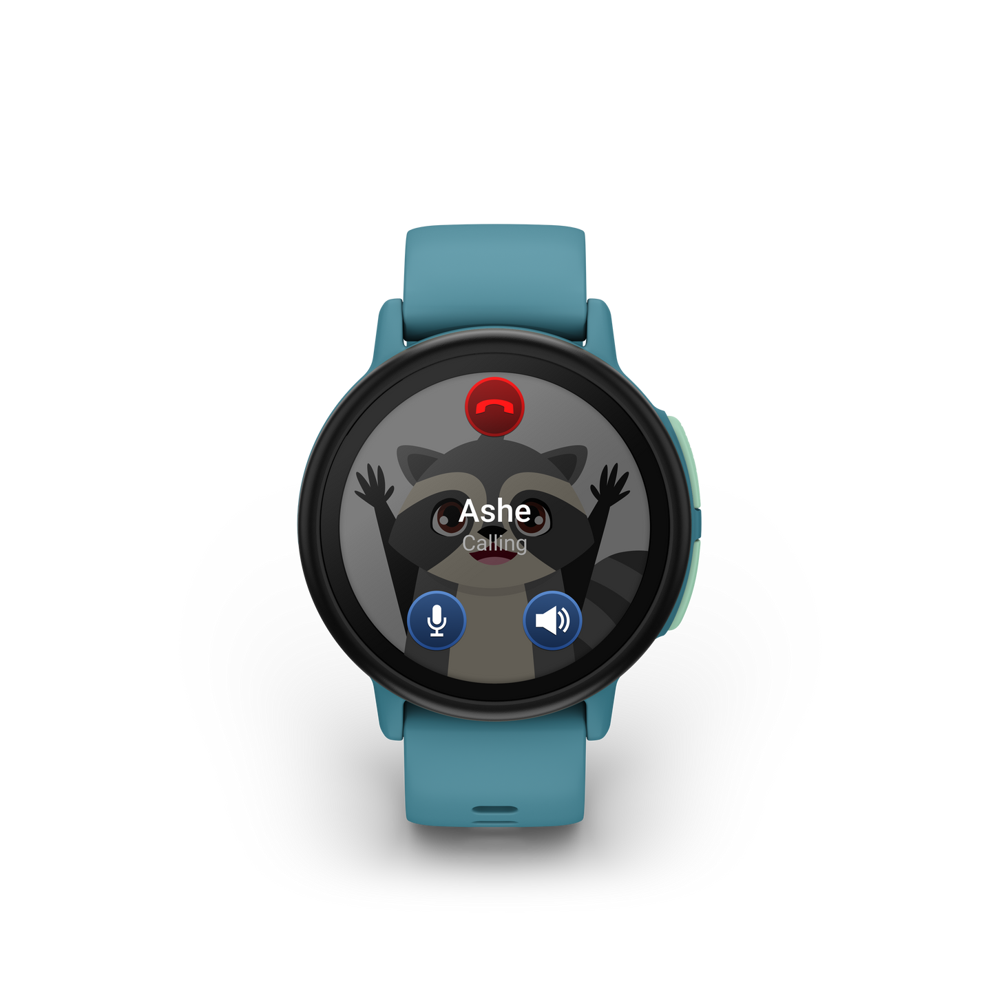Garmin Bounce 2 Kids turquoise smartwatch with round black bezel displaying an incoming call from a raccoon.
