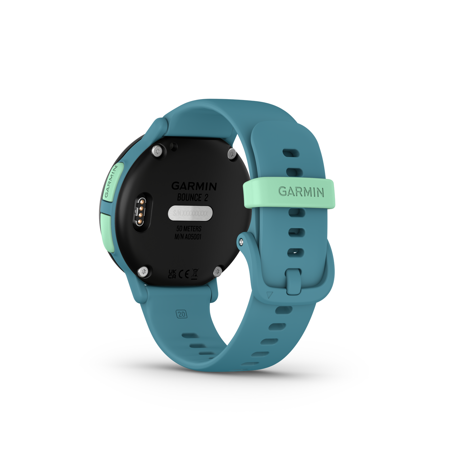 Garmin Bounce 2 kids smartwatch with turquoise strap and mint buckle