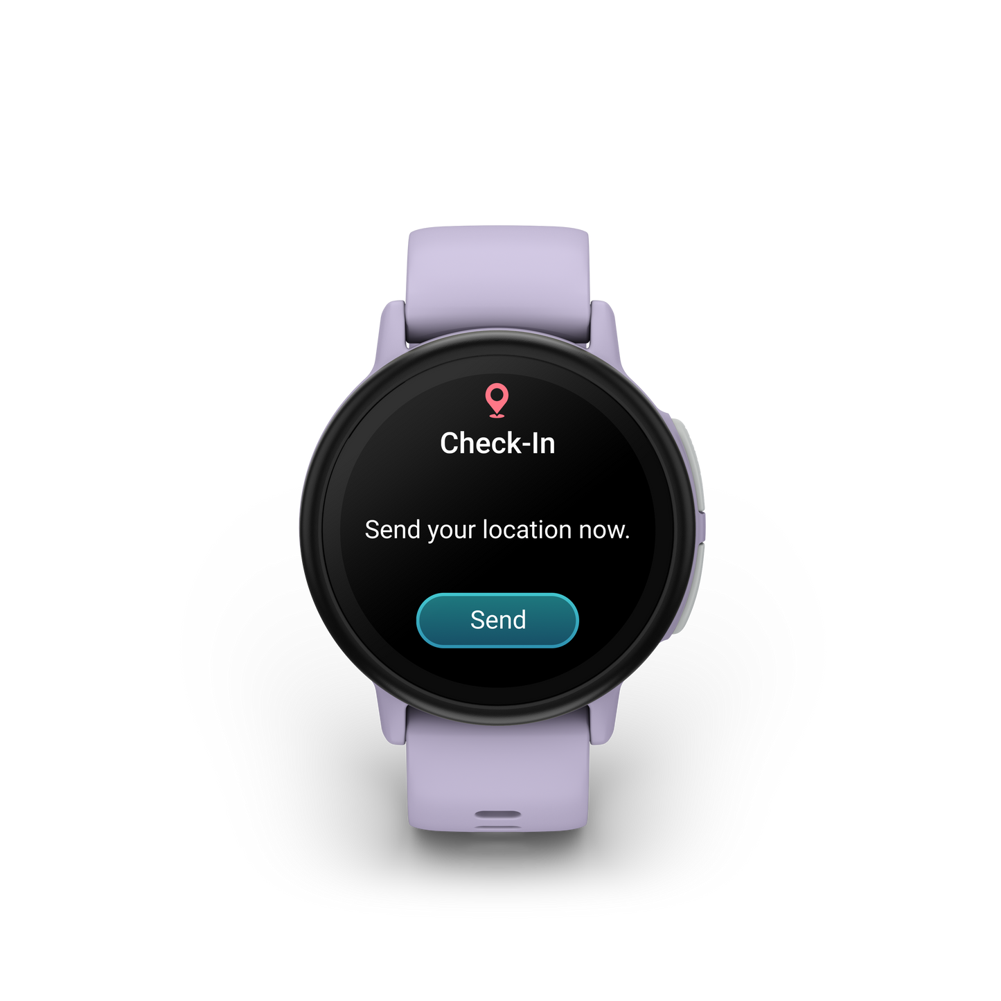 Garmin Bounce 2 smartwatch in light purple with a round black display showing Check-In screen.